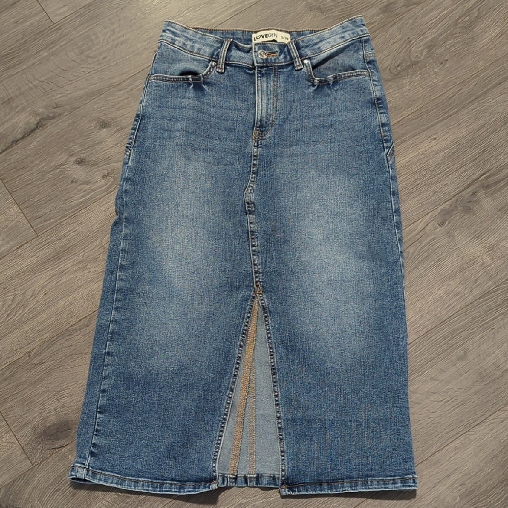 LoveGen Denim Maxi Skirt With Center Slit